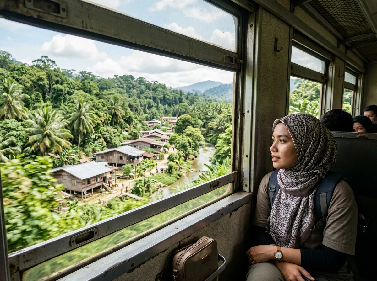Pemandangan hutan dan kampung dari tingkap tren