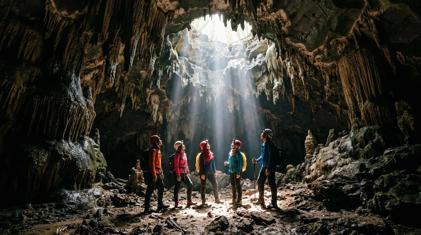 Gua Gunung Senyum — cahaya matahari menembusi lubang langit-langit batu kapur, pelancong menjelajah