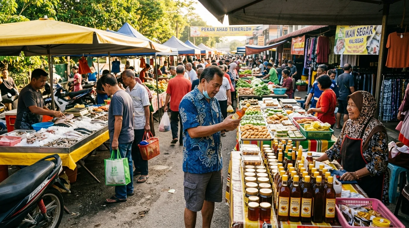 Pekan Sehari Ahad Temerloh — gerai ikan segar dan kuih tradisional di pasar minggu pagi yang meriah