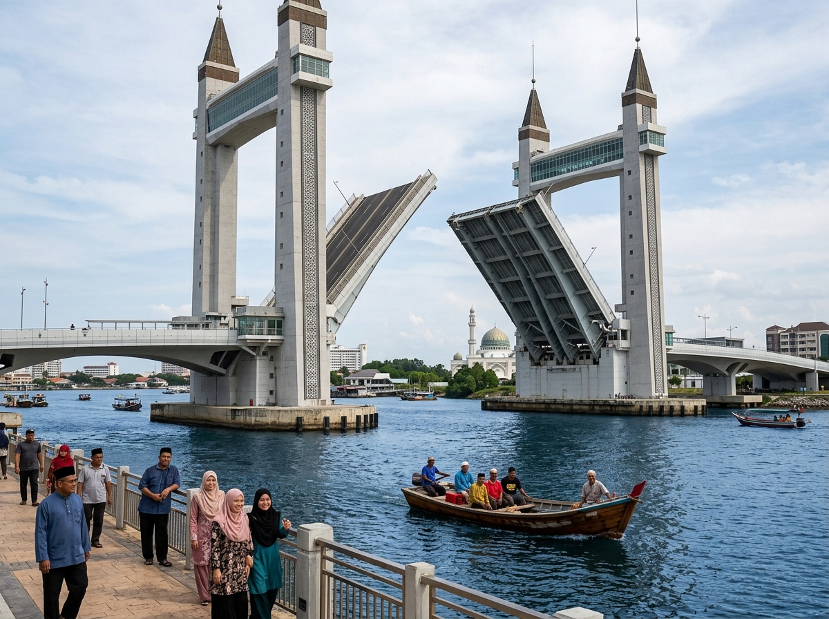 Jambatan Angkat yang ikonik dengan gelung di tengah sungai