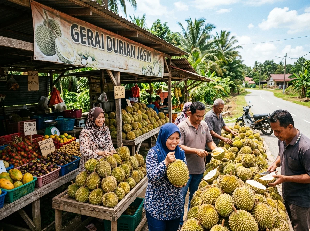 Gerai durian dan buah tempatan di Jasin