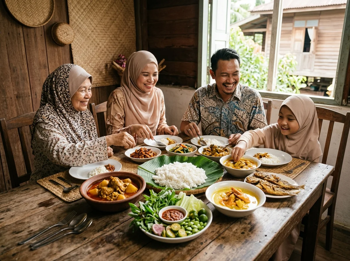 Hidangan Melayu kampung — nasi, gulai dan ulam