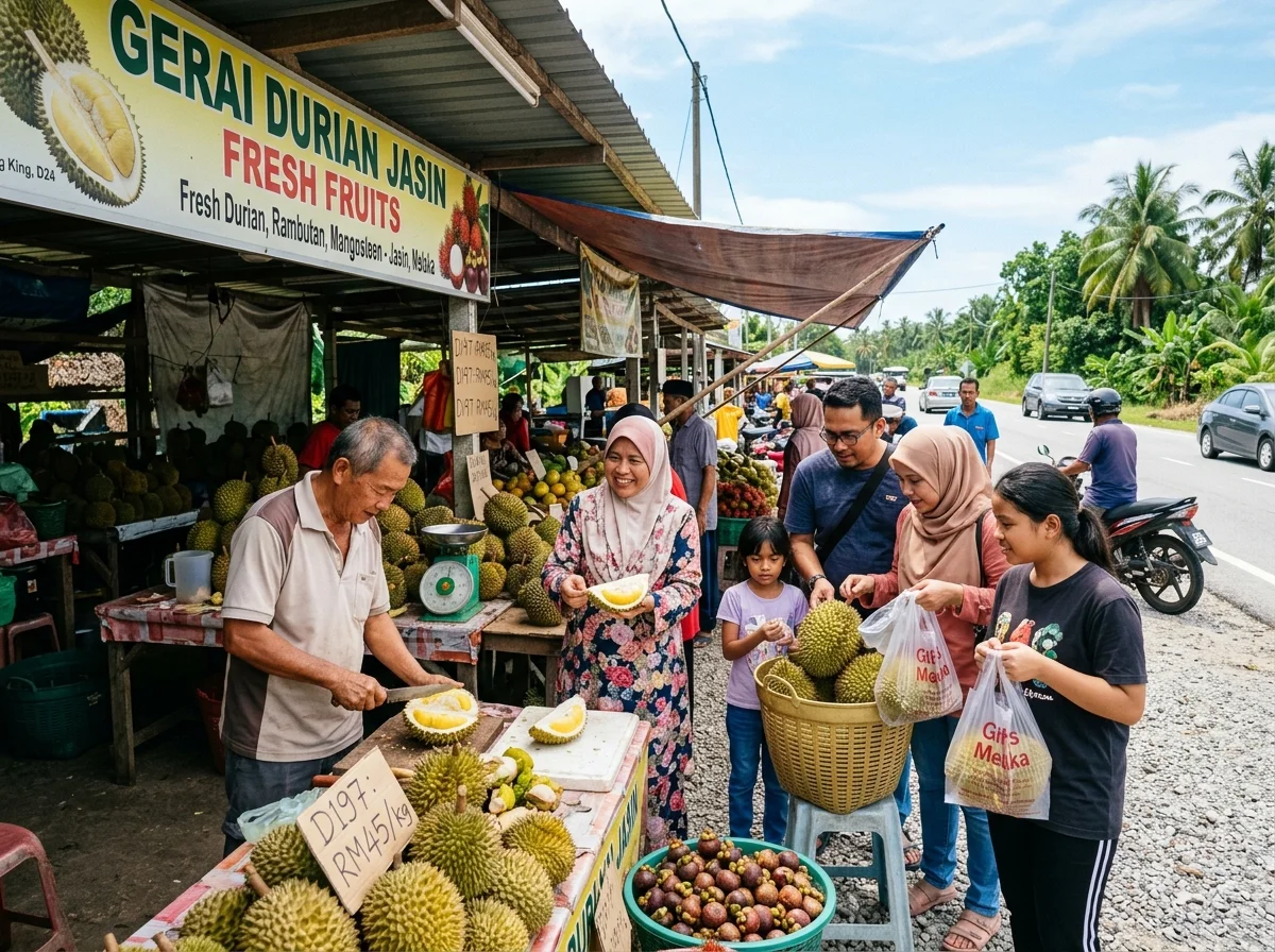 Gerai buah dan durian tepi jalan di Jasin