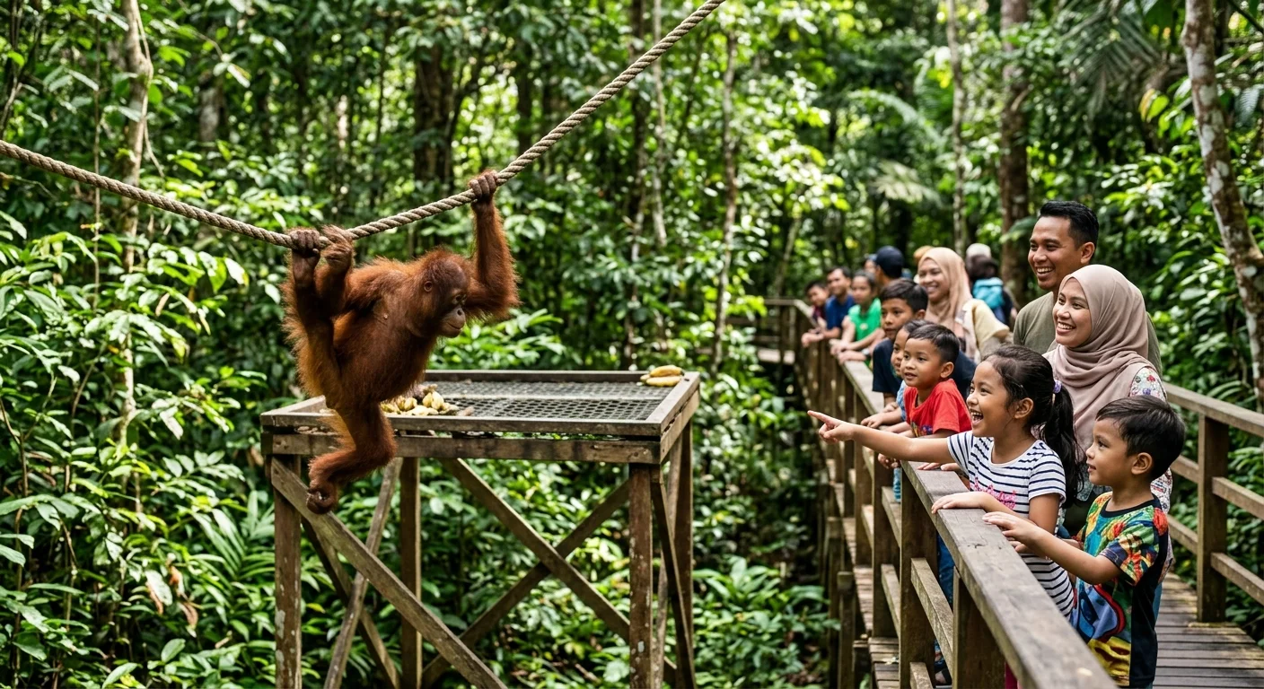 Sepilok Orangutan Centre Sandakan — orangutan di platform makan