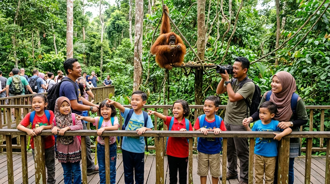 Kanak-kanak menonton orang utan di Semenggoh