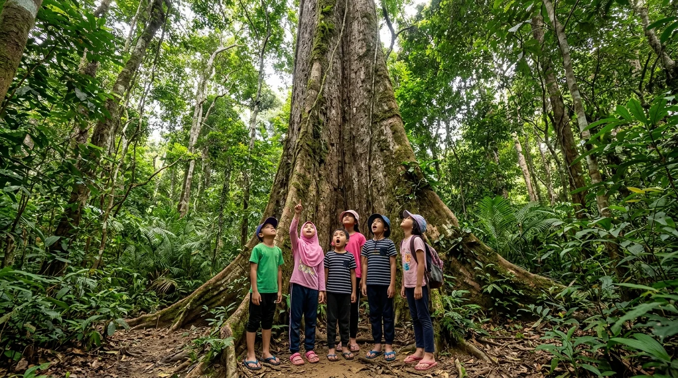 Trek hutan Tawau Hills Park dengan pokok-pokok gergasi