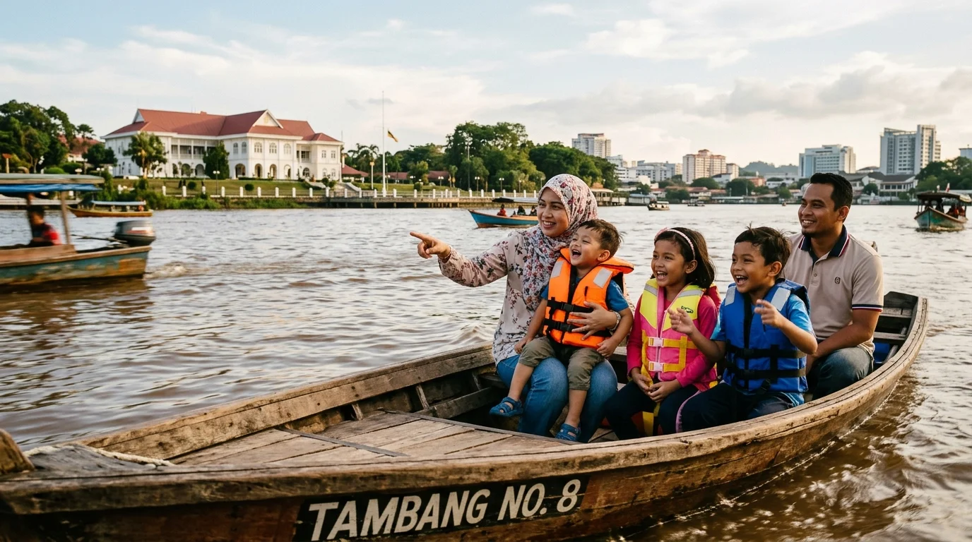 Keluarga naik bot tambang Sungai Sarawak Kuching