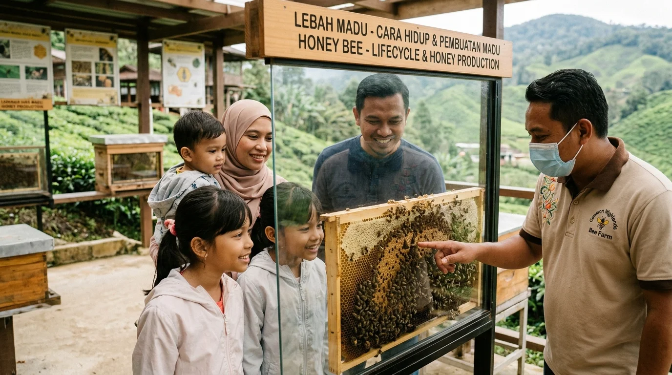 Keluarga Malaysia di bee farm Cameron Highlands, kanak-kanak belajar tentang madu