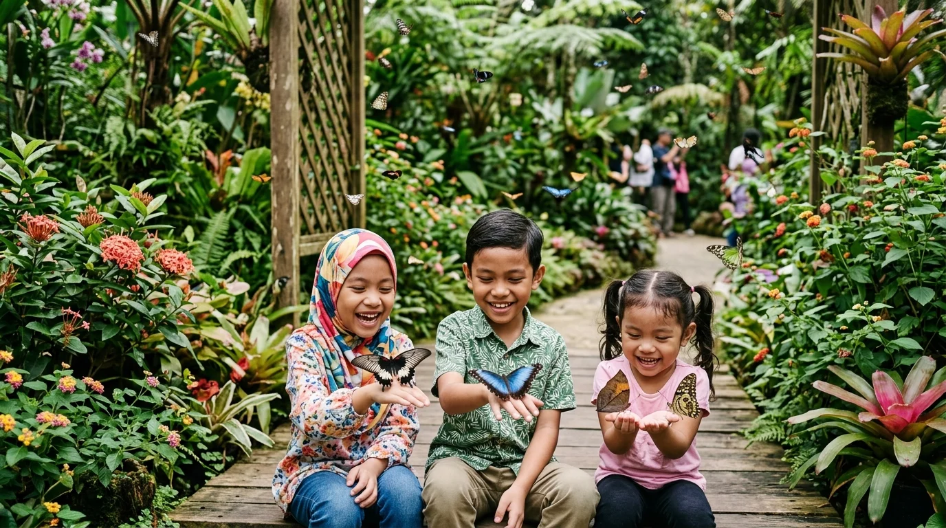 Kanak-kanak Malaysia melihat rama-rama di Taman Rama-Rama Cameron Highlands