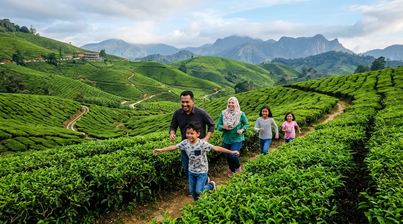 Keluarga Malaysia di Ladang Teh Boh Cameron Highlands, kanak-kanak berlari di ladang hijau