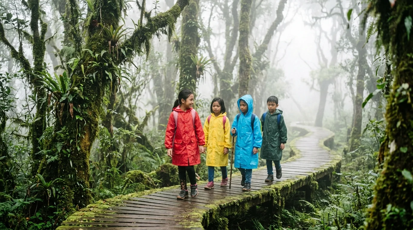Kanak-kanak Malaysia mendaki trek Mossy Forest di Gunung Brinchang Cameron Highlands