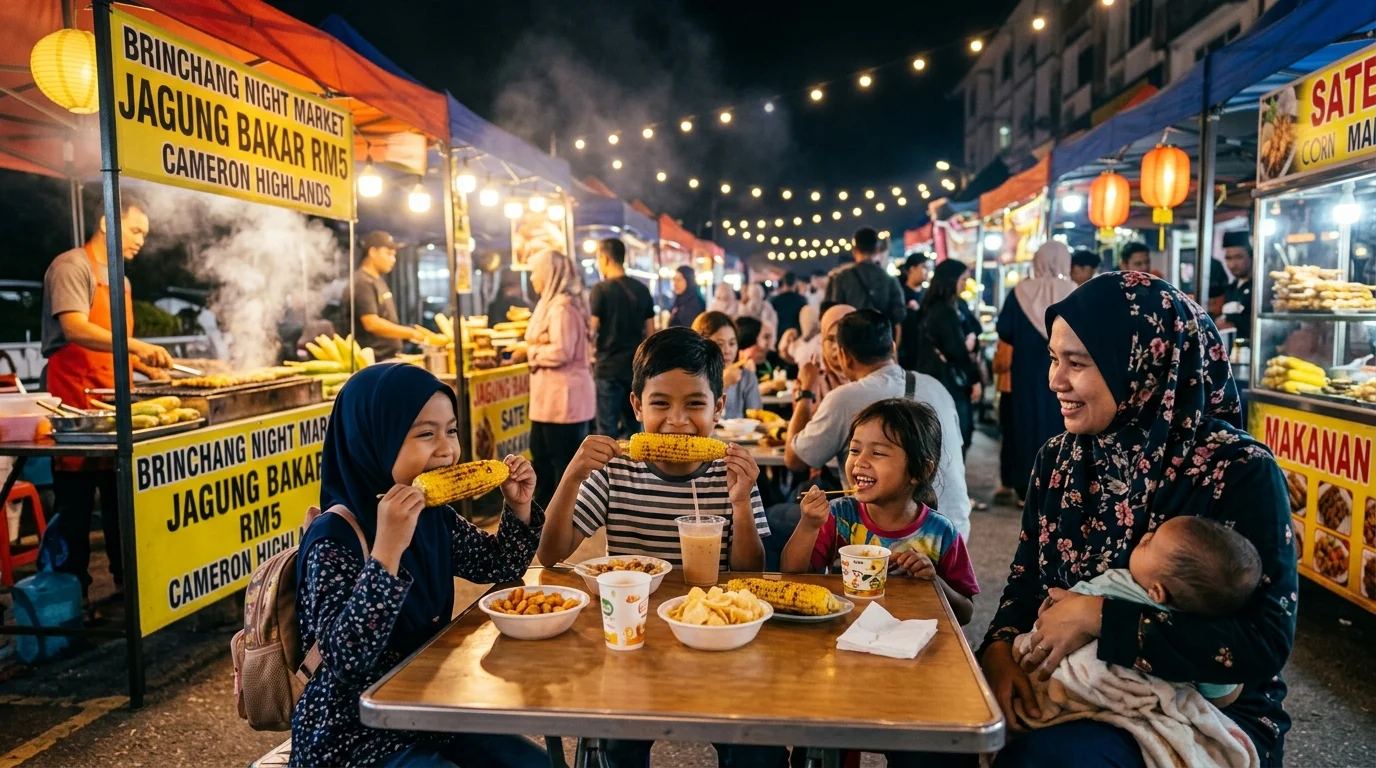 Kanak-kanak Malaysia menikmati makanan di Pasar Malam Brinchang Cameron Highlands