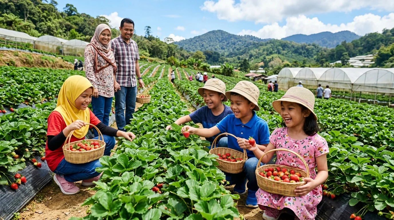 Kanak-kanak Malaysia memetik strawberi di kebun Cameron Highlands
