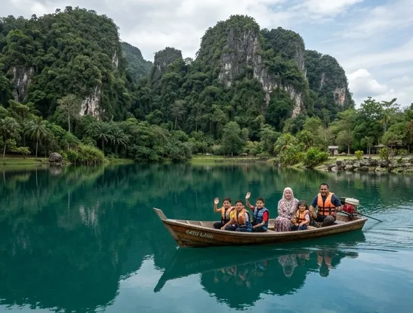 Taman Gunung Lang dengan tasik buatan, perahu tradisional, dan bukit hijau