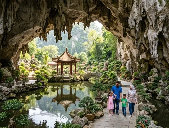 Taman hijau Kek Lok Tong dengan perahu tradisional di kolam bawah tanah