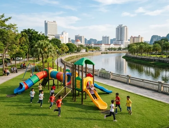 Jalan setapak Kinta Riverfront dengan pencahayaan LED dan area hijau