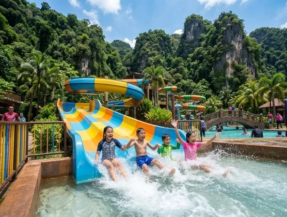 Kanak-kanak bermain gelanggang ombak di Lost World water park Ipoh