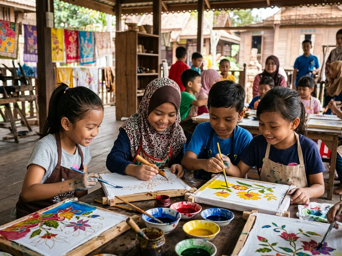 Kanak-kanak mencuba teknik batik di Kampung Kraftangan Kota Bharu