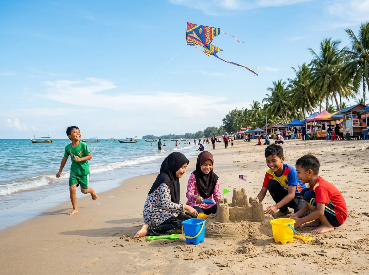 Kanak-kanak bermain layang-layang di Pantai Cahaya Bulan