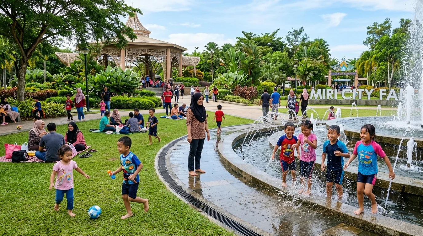 Keluarga bersantai di taman Miri City Fan dengan kolam dan menara