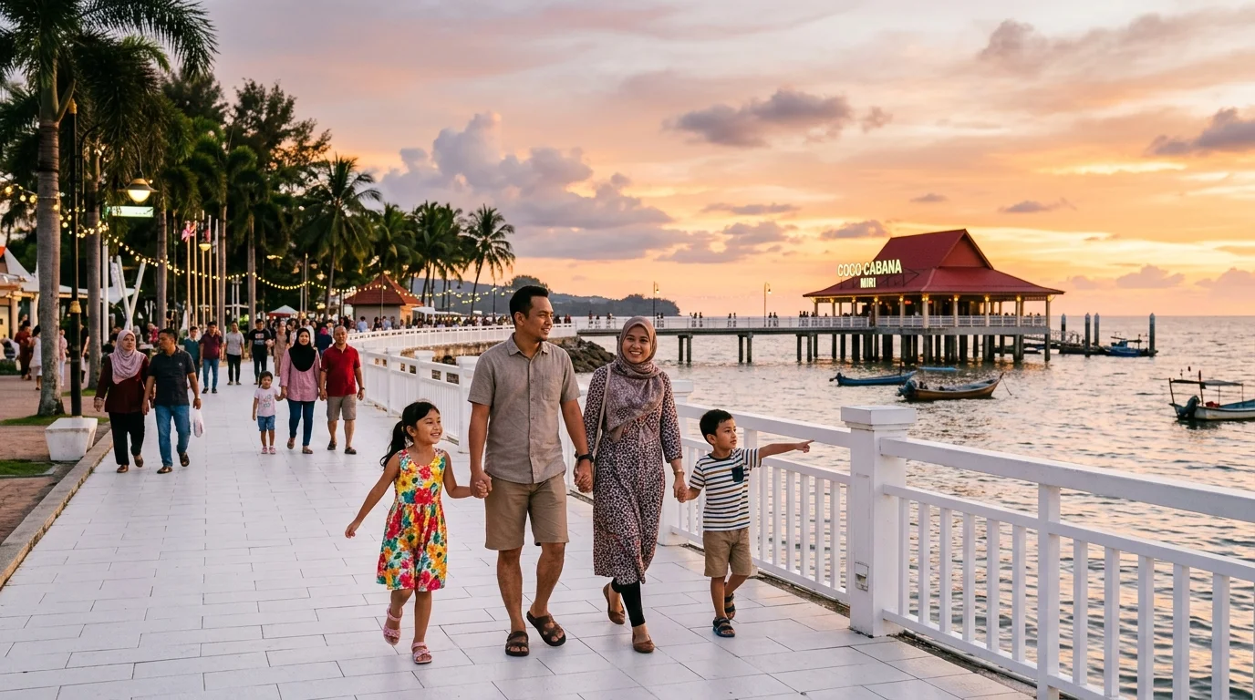 Keluarga menikmati senja di seafront Coco Cabana Miri