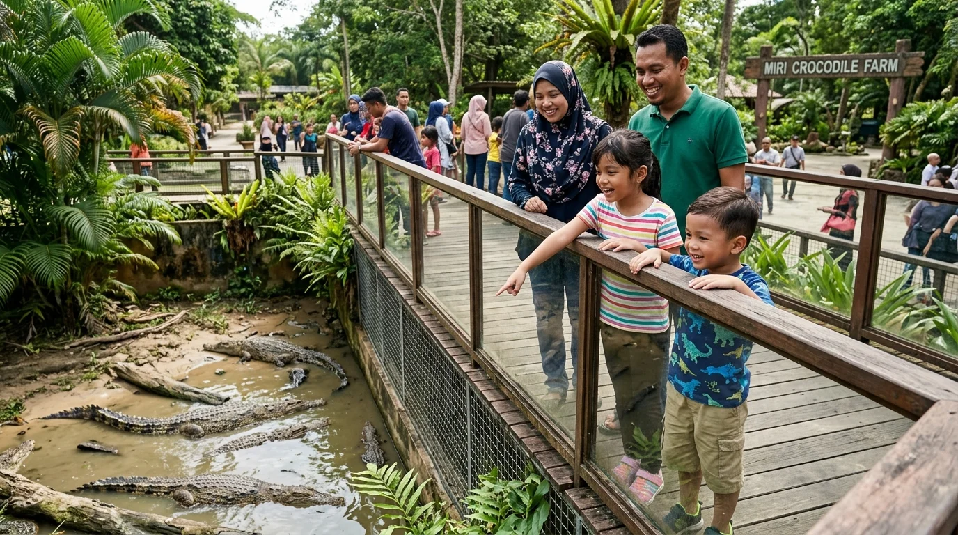 Kanak-kanak melihat buaya di Miri Crocodile Farm Sarawak