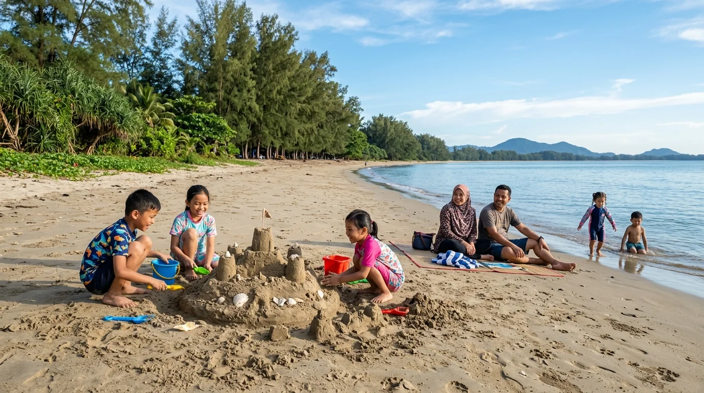 Kanak-kanak bermain di pantai dan taman permainan Luak Bay Miri