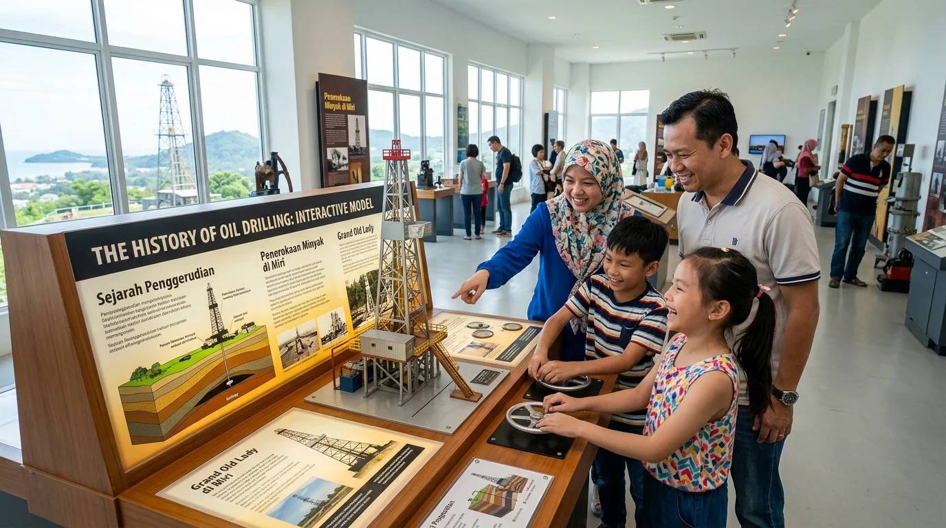 Kanak-kanak mencuba pameran interaktif di Petroleum Science Museum Miri