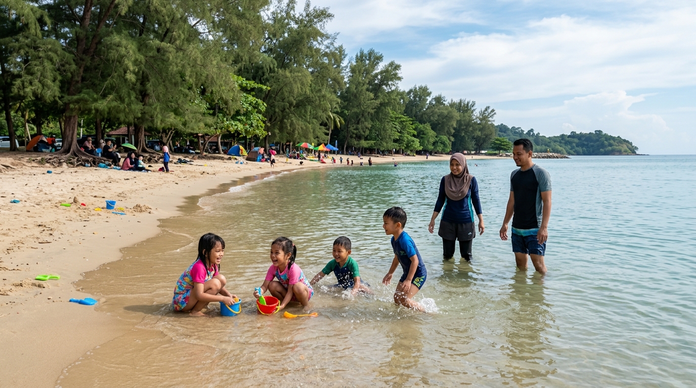 Kanak-kanak Malaysia bermain di air cetek Blue Lagoon Port Dickson yang jernih