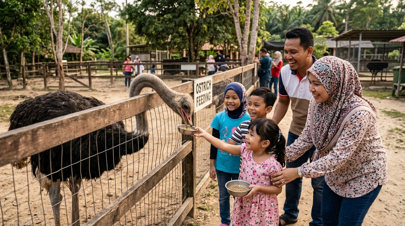 Kanak-kanak Malaysia memberi makan burung unta di PD Ostrich Farm