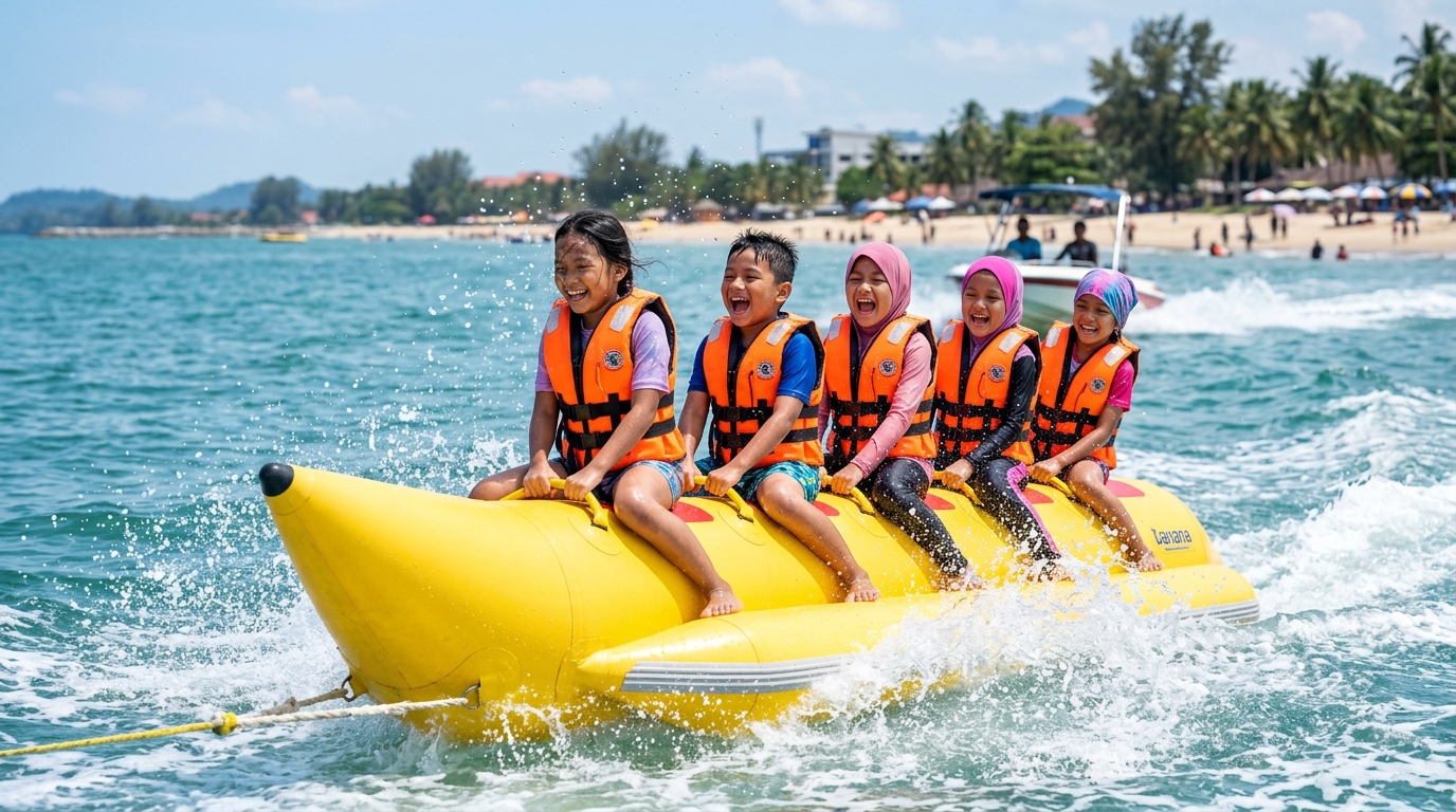 Kanak-kanak Malaysia menunggang banana boat di Teluk Kemang Port Dickson