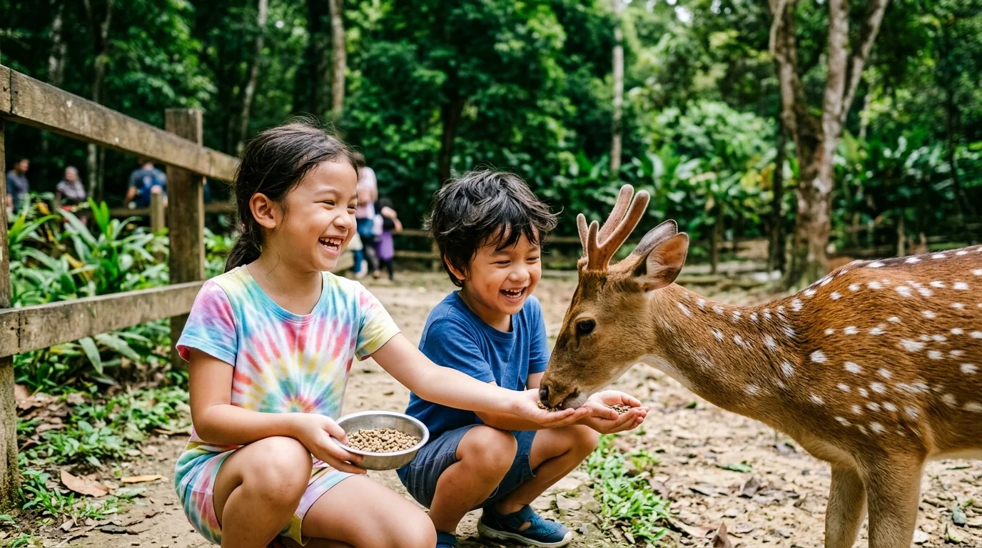 Kanak-kanak memberi makan rusa di Deerland Park, Temerloh