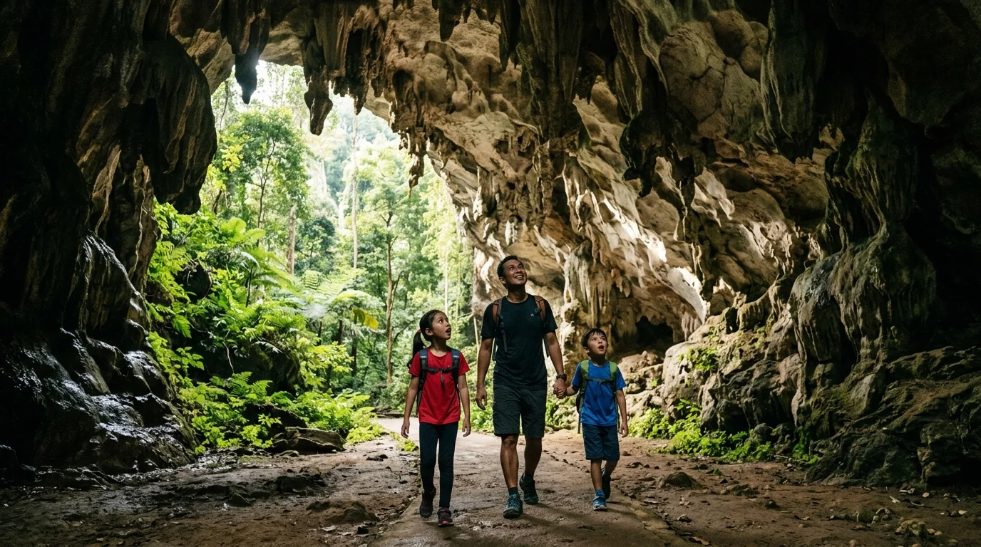 Jambatan kayu di dalam gua Gunung Senyum yang gelap dengan cahaya alami masuk