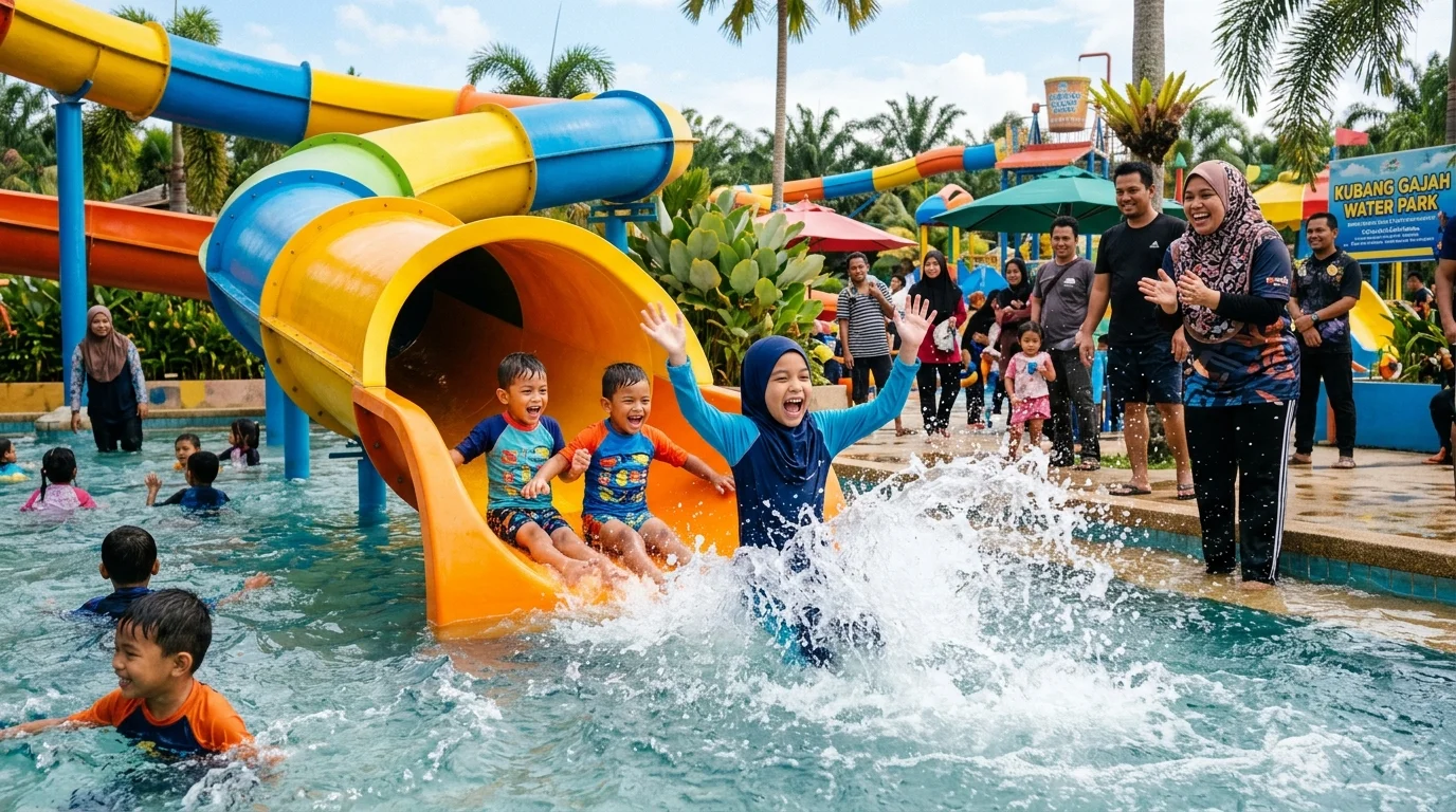 Kanak-kanak bermain di gelang air gelontor Kubang Gajah Water Park