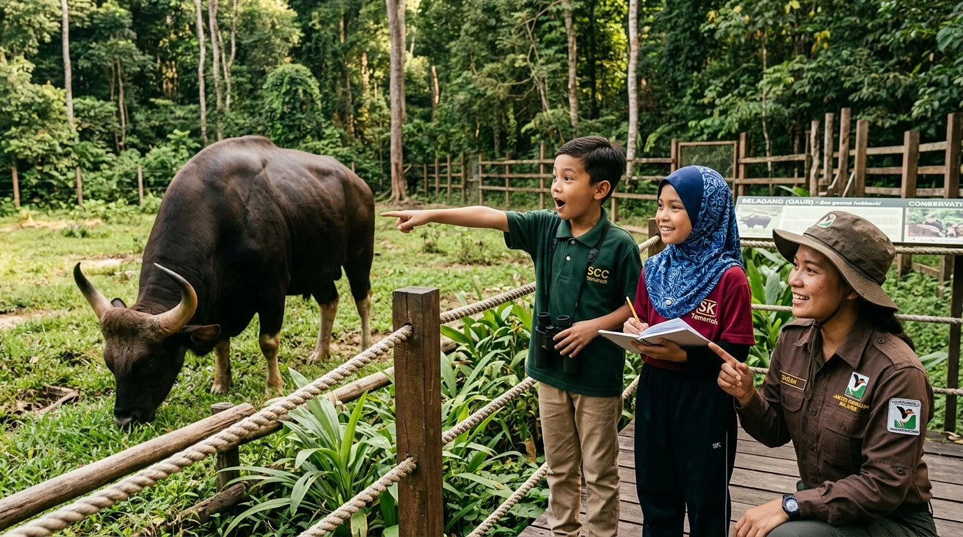 Seladang (gaur) mandi di kolam di Pusat Pemuliharaan Seladang, Temerloh