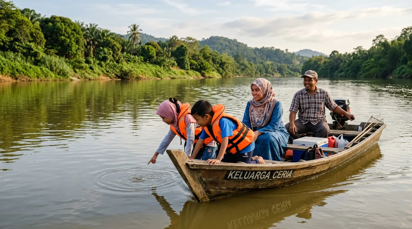 Kanak-kanak bermain air di tepi Sungai Pahang yang tenang pada petang emas