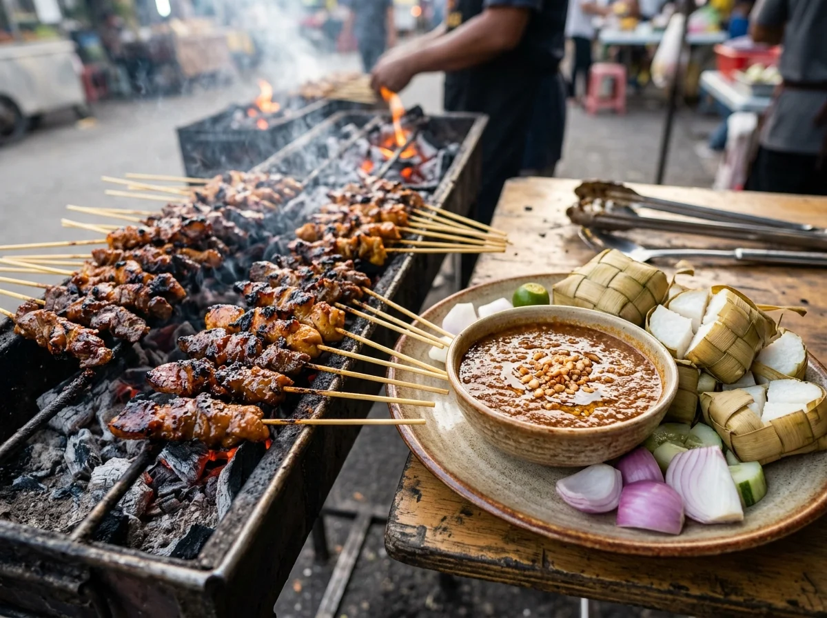 Sate Kajang dengan kuah kacang pekat dan ketupat