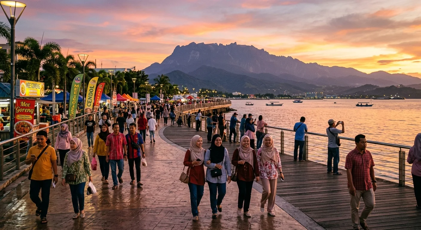 KK Waterfront Kota Kinabalu — suasana bandar dan matahari terbenam