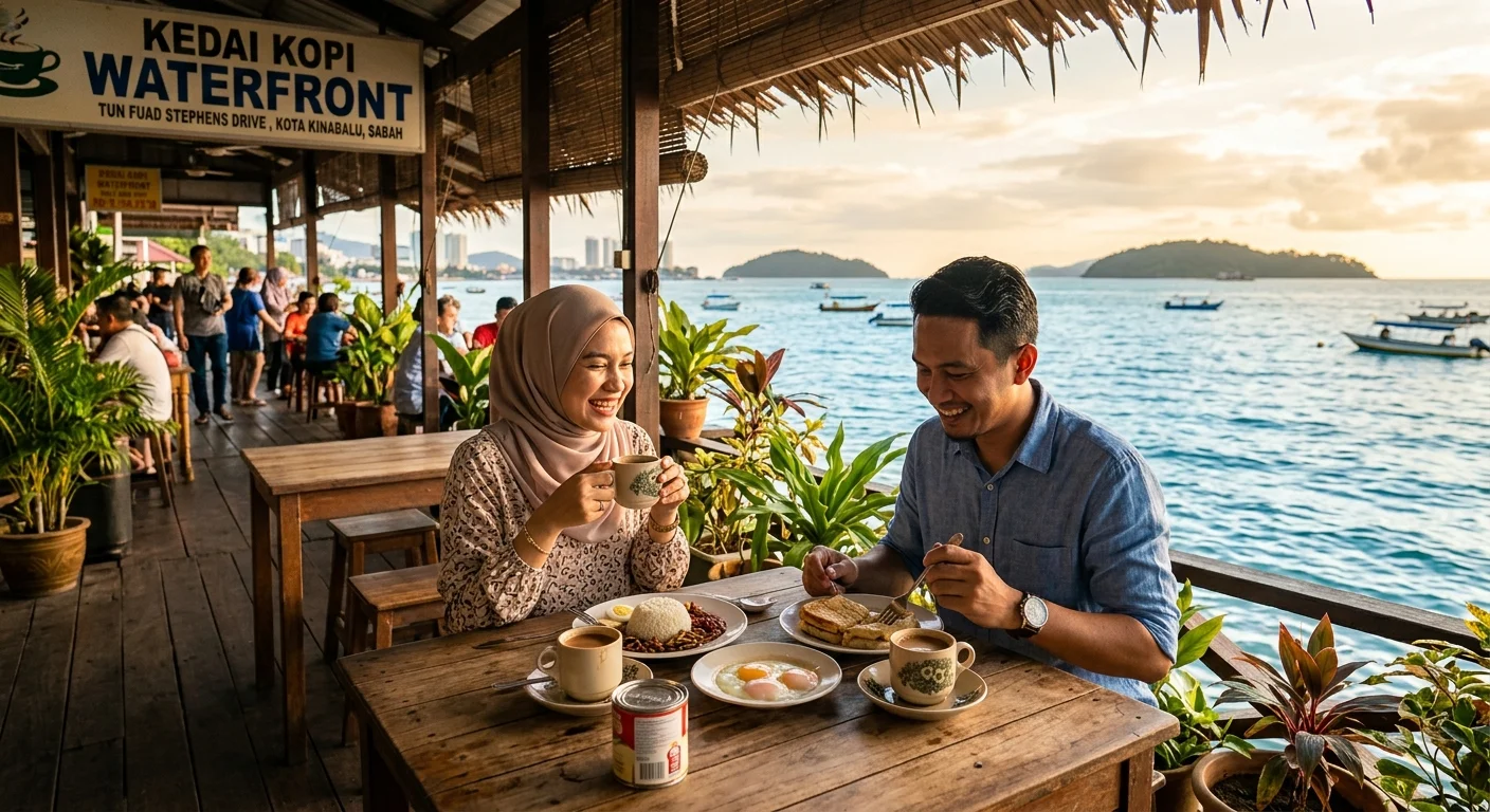 Sarapan pagi santai di KK sebelum balik — cafe tepi laut