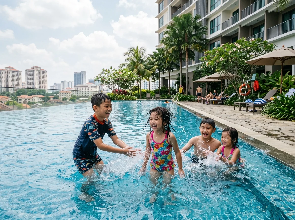 Kanak-kanak bermain di kolam renang hotel di Klang