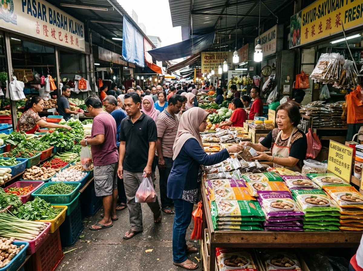 Pasar Klang menjual produk tempatan dan bak kut teh bungkus