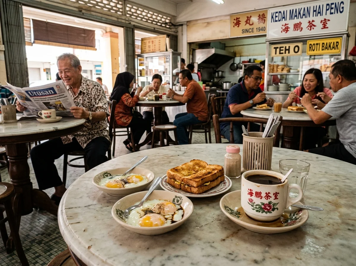 Kopi dan roti bakar di kedai kopi gaya Hai Peng