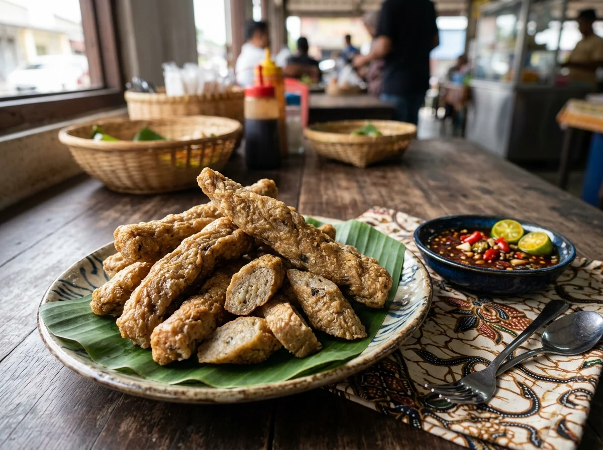 Keropok lekor goreng dengan sos cili