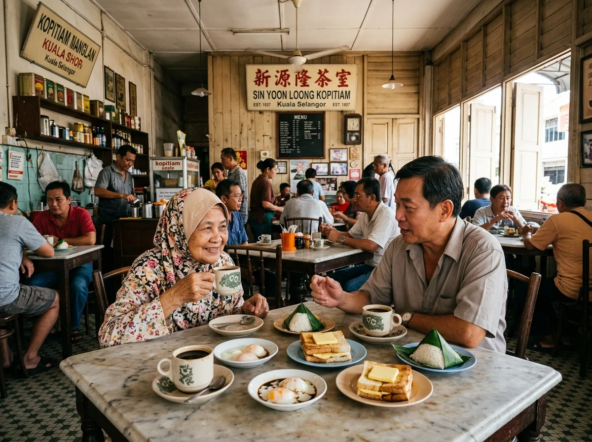 Sarapan kedai kopi tradisional di pekan Kuala Selangor