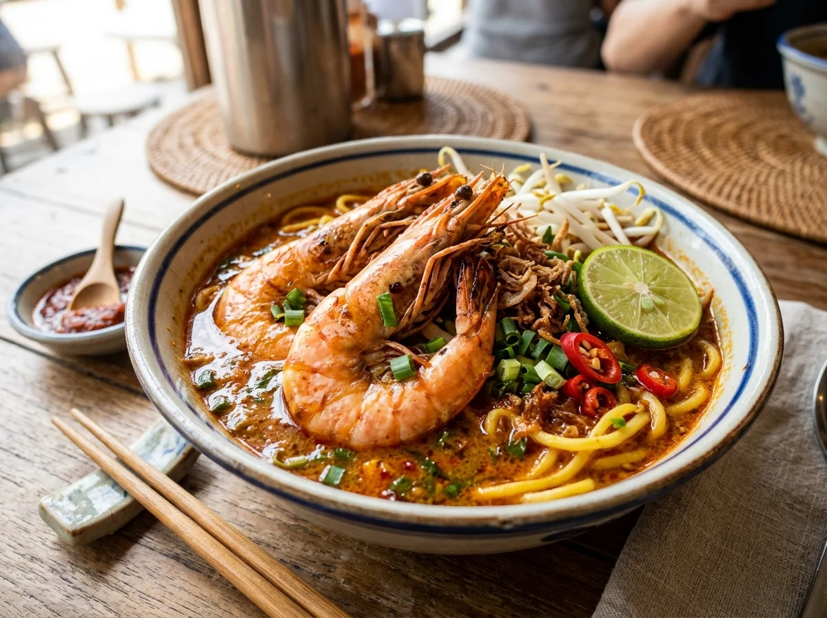 Mee udang dengan udang besar segar