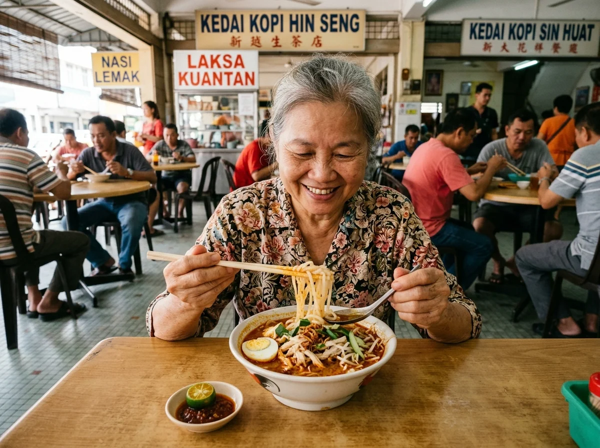 Semangkuk laksa dengan kuah pekat di kedai kopi Kuantan