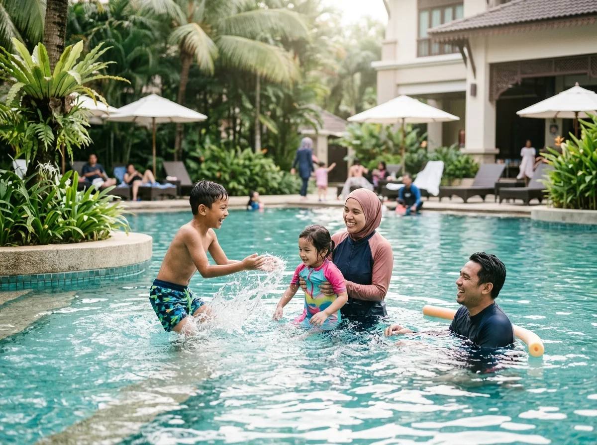 Kanak-kanak berenang di kolam hotel di Kuantan