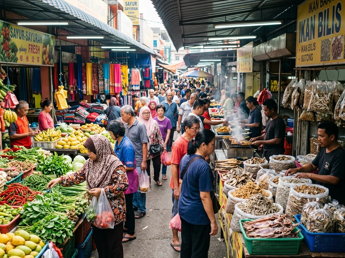 Pasar tempatan Kuantan dengan hasil segar dan makanan jalanan