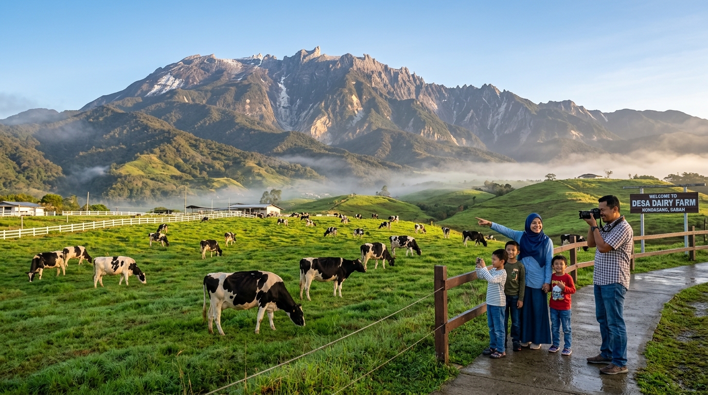 Pemandangan ladang teh dan bunga di lereng Kundasang dengan latar Gunung Kinabalu
