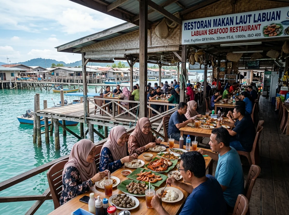 Restoran makanan laut tepi air di perkampungan air Labuan